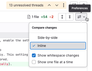 A merge request diff with the Preferences menu expanded